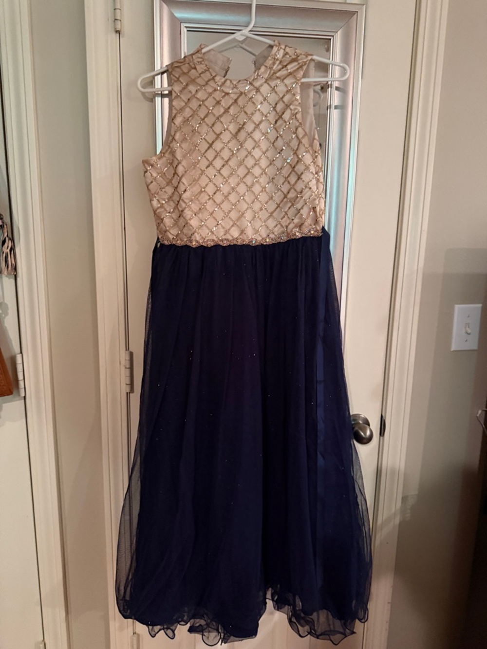 Rare Editions Navy and Gold Sequin Bodice Tulle Gown. Worn once.